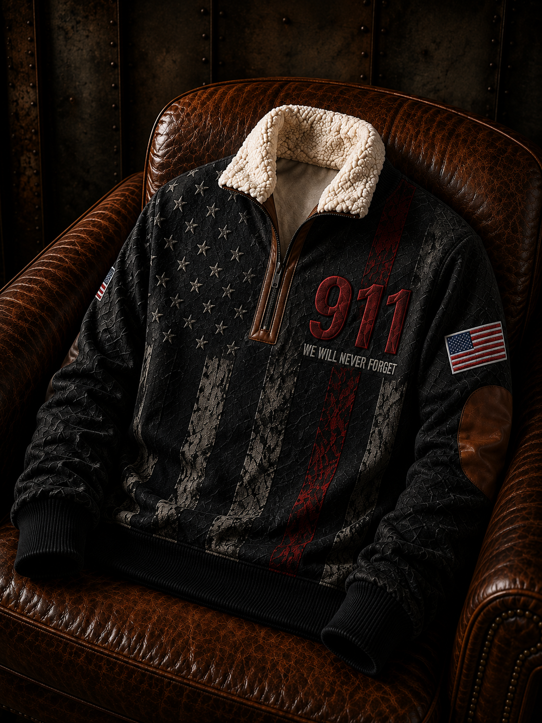 Men's U.S. 9.11 Never Forget Jacquard Fabric Zipper Fur Collar Long Sleeve Coat